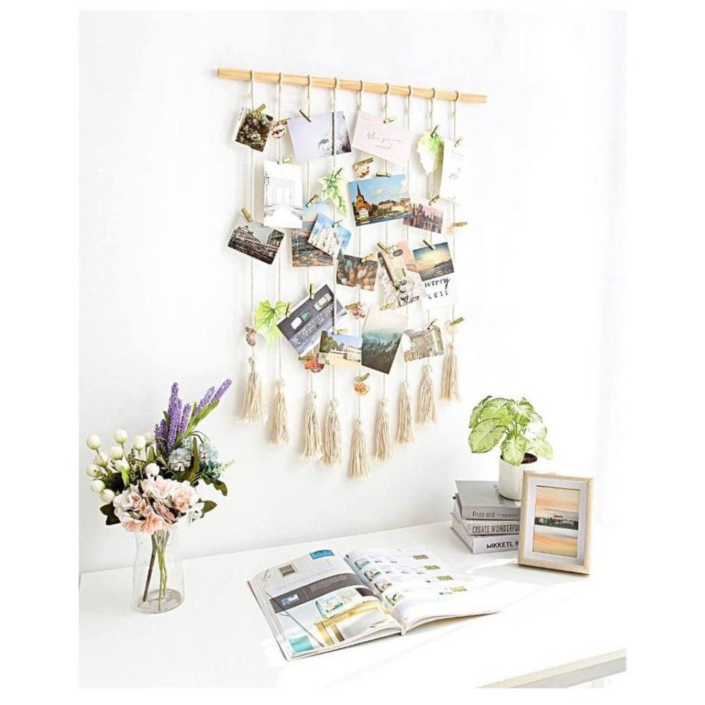 Macrame Wall Hanging for Photo Display Boho Chic Home Decor 37x25.5 inches | NEW